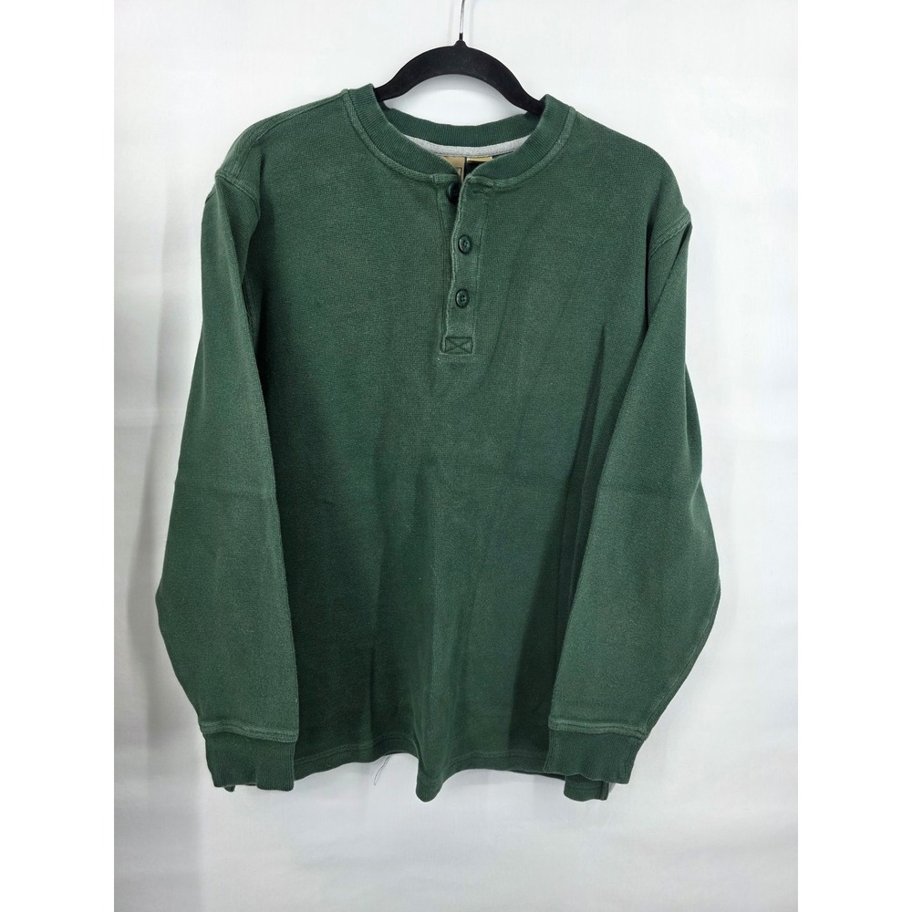 LL Bean Mens Waffle Knit Henley Shirt Forest Green Long Sleeve Cotton 187244 M